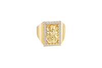 14K Gold Ring Men's Malverde with White CZ Stone Border Rectangle and Plain Sides