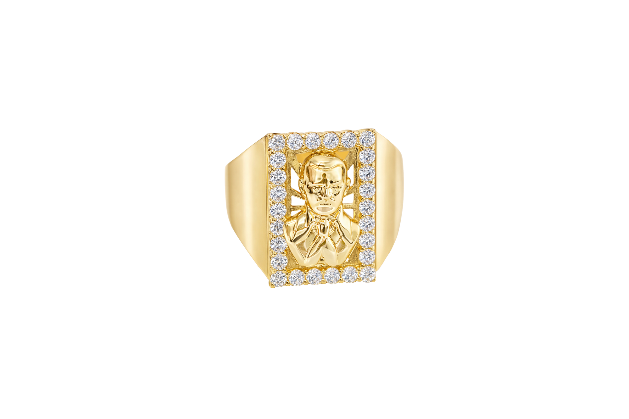 14K Gold Ring Men's Malverde with White CZ Stone Border Rectangle and Plain Sides