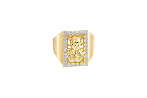 14K Gold Ring Men's Malverde with White CZ Stone Border Rectangle and Plain Sides