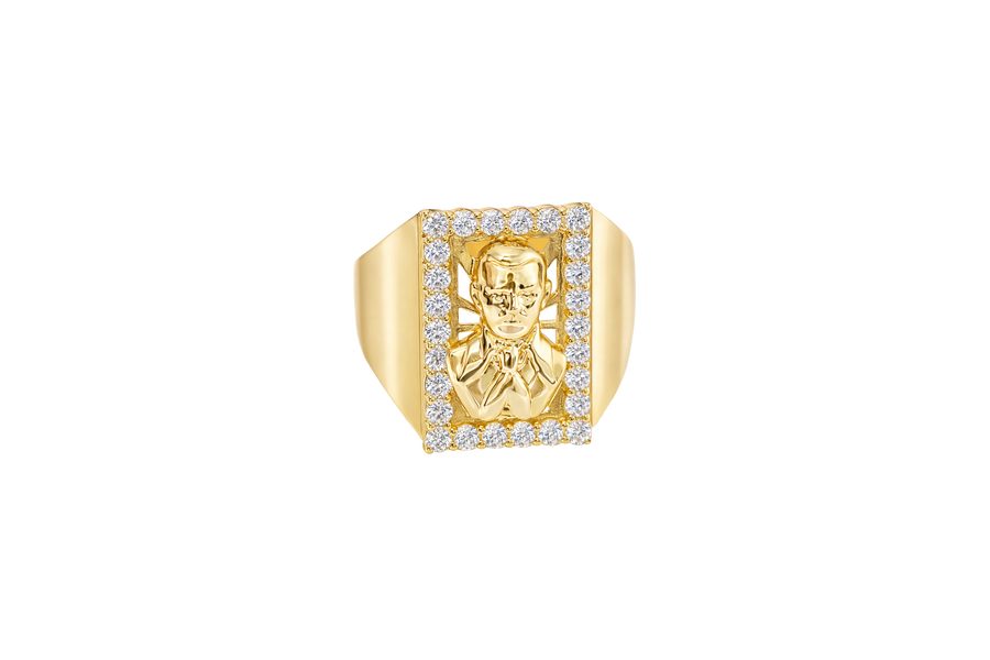 14K Gold Ring Men's Malverde with White CZ Stone Border Rectangle and Plain Sides