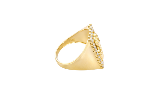 14K Gold Ring Men's Malverde with White CZ Stone Border Rectangle and Plain Sides