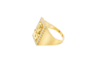 14K Gold Ring Men's Malverde with White CZ Stone Border Rectangle and Plain Sides