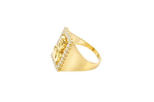 14K Gold Ring Men's Malverde with White CZ Stone Border Rectangle and Plain Sides