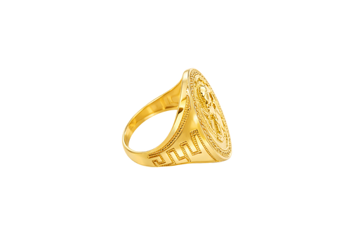 14K Gold Ring Men's Oval Coin Malverde Center with White CZ Stone Border and Greek Style Design on Each Sides