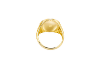 14K Gold Ring Men's Oval Coin Malverde Center with White CZ Stone Border and Greek Style Design on Each Sides