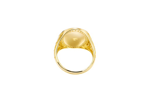 14K Gold Ring Men's Oval Coin Malverde Center with White CZ Stone Border and Greek Style Design on Each Sides