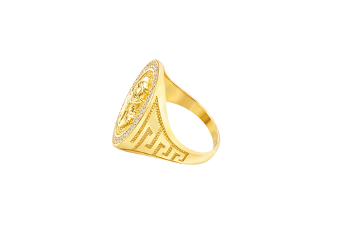 14K Gold Ring Men's Oval Coin Malverde Center with White CZ Stone Border and Greek Style Design on Each Sides