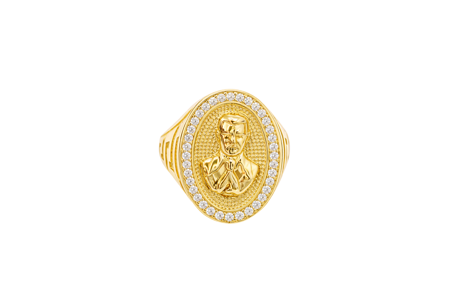 14K Gold Ring Men's Oval Coin Malverde Center with White CZ Stone Border and Greek Style Design on Each Sides