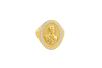 14K Gold Ring Men's Oval Coin Malverde Center with White CZ Stone Border and Greek Style Design on Each Sides
