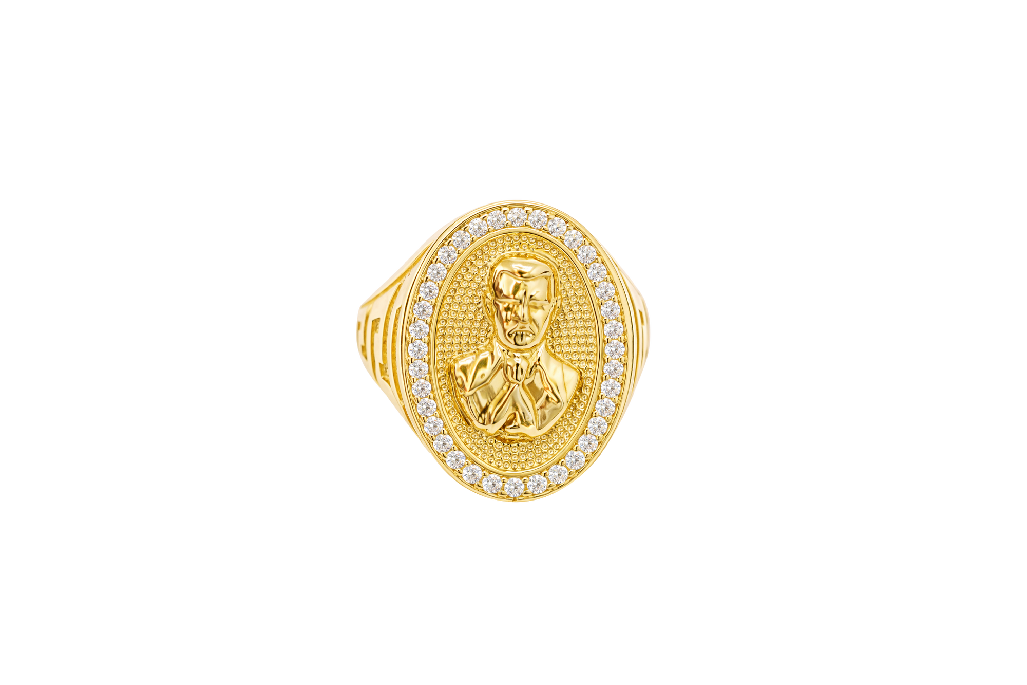 14K Gold Ring Men's Oval Coin Malverde Center with White CZ Stone Border and Greek Style Design on Each Sides