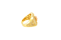 14KT Gold Ring Men's Two Tone Rectangle Raised Medusa Head with Sunray Background and Double Row White CZ Stone Border Band Design Raised Reins and Saddle
