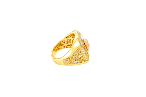 14KT Gold Ring Men's Two Tone Rectangle Raised Medusa Head with Sunray Background and Double Row White CZ Stone Border Band Design Raised Reins and Saddle