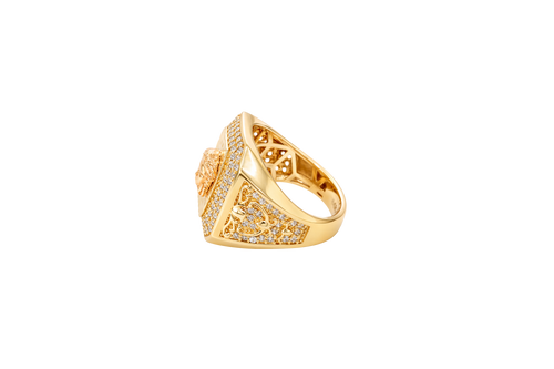 14KT Gold Ring Men's Two Tone Rectangle Raised Medusa Head with Sunray Background and Double Row White CZ Stone Border Band Design Raised Reins and Saddle