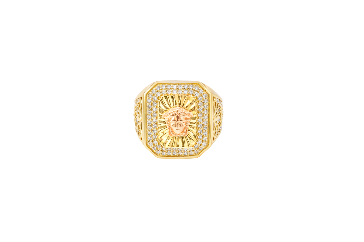 14KT Gold Ring Men's Two Tone Rectangle Raised Medusa Head with Sunray Background and Double Row White CZ Stone Border Band Design Raised Reins and Saddle