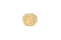 14KT Gold Ring Men's Two Tone Rectangle Raised Medusa Head with Sunray Background and Double Row White CZ Stone Border Band Design Raised Reins and Saddle