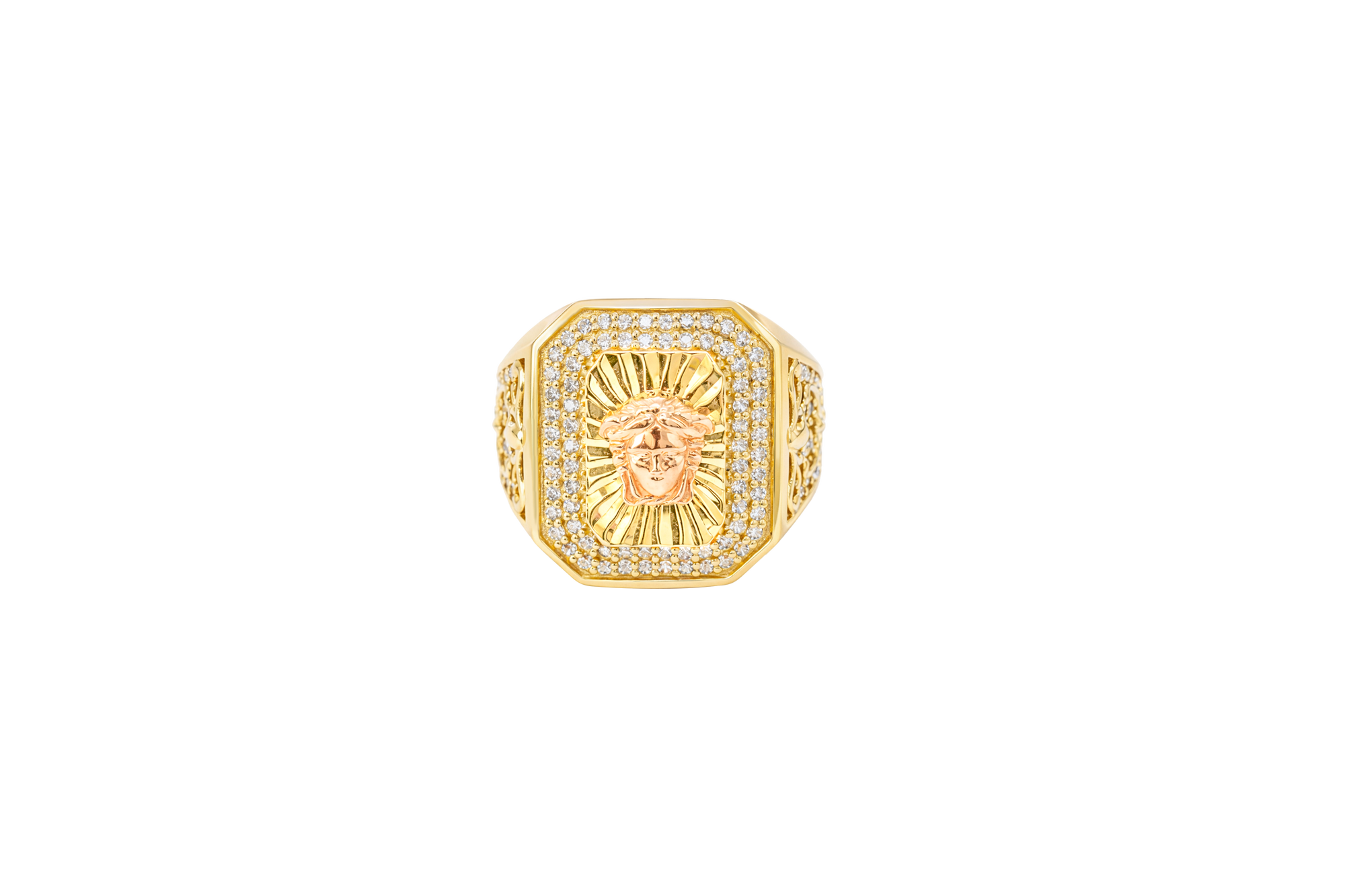 14KT Gold Ring Men's Two Tone Rectangle Raised Medusa Head with Sunray Background and Double Row White CZ Stone Border Band Design Raised Reins and Saddle