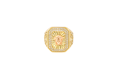 14KT Gold Ring Men's Two Tone Rectangle Raised Medusa Head with Sunray Background and Double Row White CZ Stone Border Band Design Raised Reins and Saddle