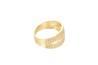 14KT Gold Ring Men's Split Band Seven White CZ Stone Center Row with Double Row Top/Lower White CZ Stone Border and Triangle Cutout on Each Side