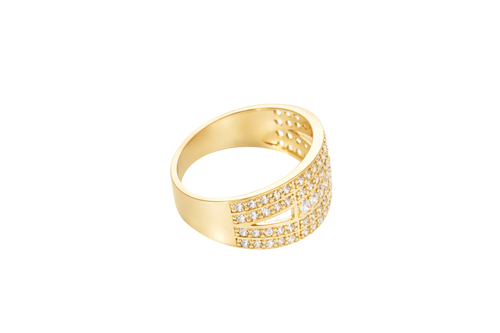 14KT Gold Ring Men's Split Band Seven White CZ Stone Center Row with Double Row Top/Lower White CZ Stone Border and Triangle Cutout on Each Side