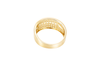 14KT Gold Ring Men's Split Band Seven White CZ Stone Center Row with Double Row Top/Lower White CZ Stone Border and Triangle Cutout on Each Side
