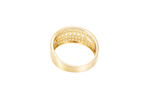 14KT Gold Ring Men's Split Band Seven White CZ Stone Center Row with Double Row Top/Lower White CZ Stone Border and Triangle Cutout on Each Side