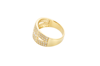 14KT Gold Ring Men's Split Band Seven White CZ Stone Center Row with Double Row Top/Lower White CZ Stone Border and Triangle Cutout on Each Side