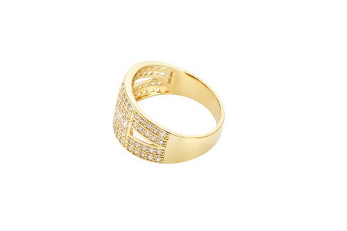 14KT Gold Ring Men's Split Band Seven White CZ Stone Center Row with Double Row Top/Lower White CZ Stone Border and Triangle Cutout on Each Side