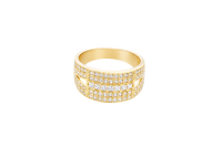 14KT Gold Ring Men's Split Band Seven White CZ Stone Center Row with Double Row Top/Lower White CZ Stone Border and Triangle Cutout on Each Side