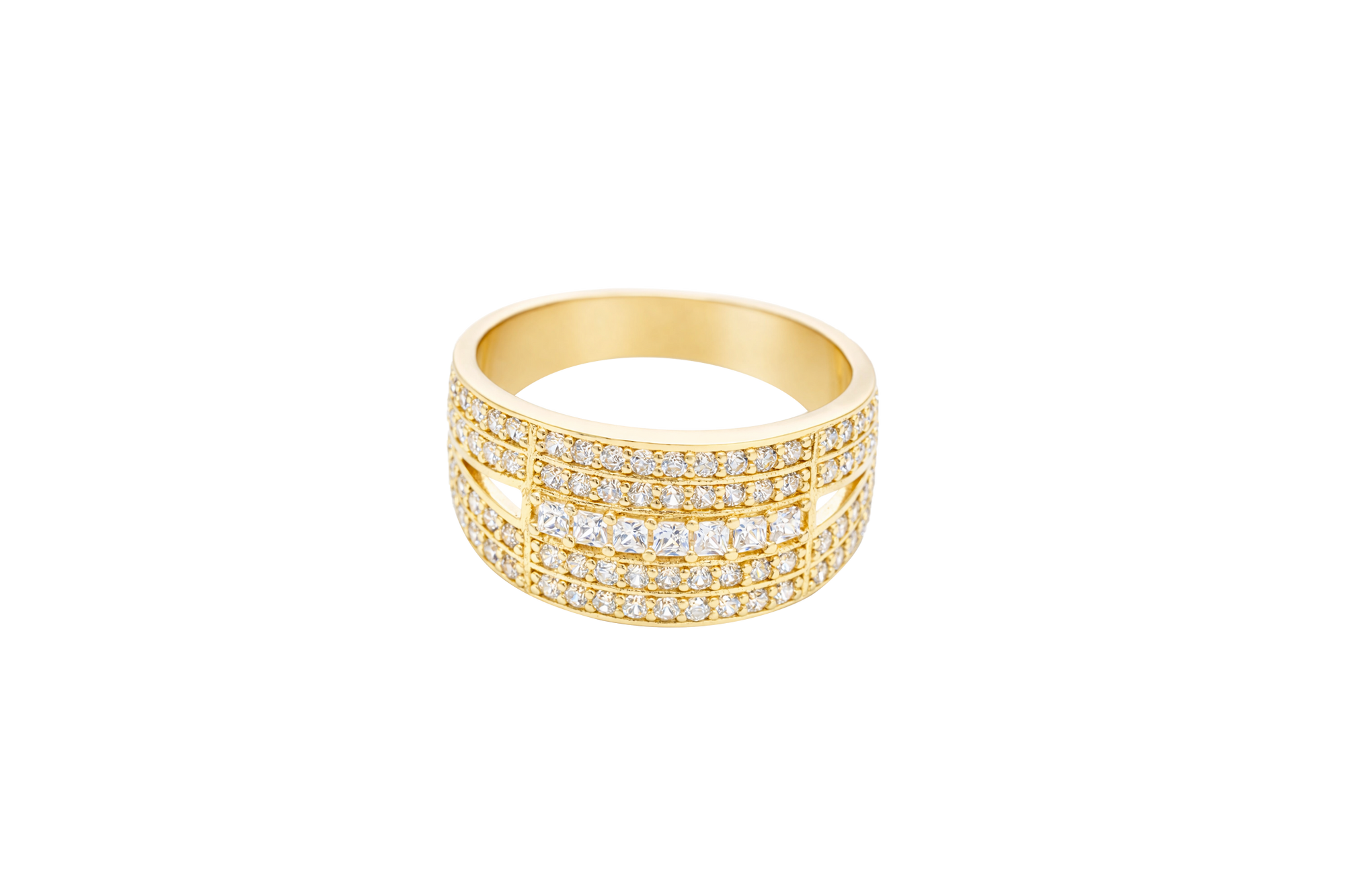 14KT Gold Ring Men's Split Band Seven White CZ Stone Center Row with Double Row Top/Lower White CZ Stone Border and Triangle Cutout on Each Side