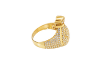 14KT Gold Ring Men's 3D Money Bag with White CZ Stone Single Row Dollar Sign Symbol Plain Border with White CZ Stones on Money Bag Side Design White CZ Stones