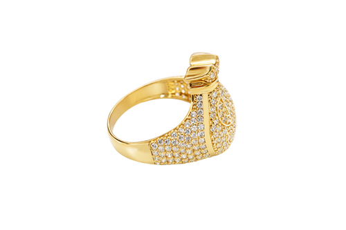 14KT Gold Ring Men's 3D Money Bag with White CZ Stone Single Row Dollar Sign Symbol Plain Border with White CZ Stones on Money Bag Side Design White CZ Stones