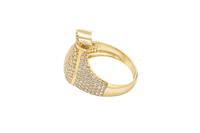 14KT Gold Ring Men's 3D Money Bag with White CZ Stone Single Row Dollar Sign Symbol Plain Border with White CZ Stones on Money Bag Side Design White CZ Stones
