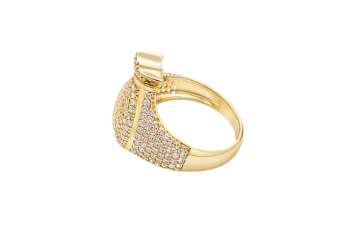 14KT Gold Ring Men's 3D Money Bag with White CZ Stone Single Row Dollar Sign Symbol Plain Border with White CZ Stones on Money Bag Side Design White CZ Stones