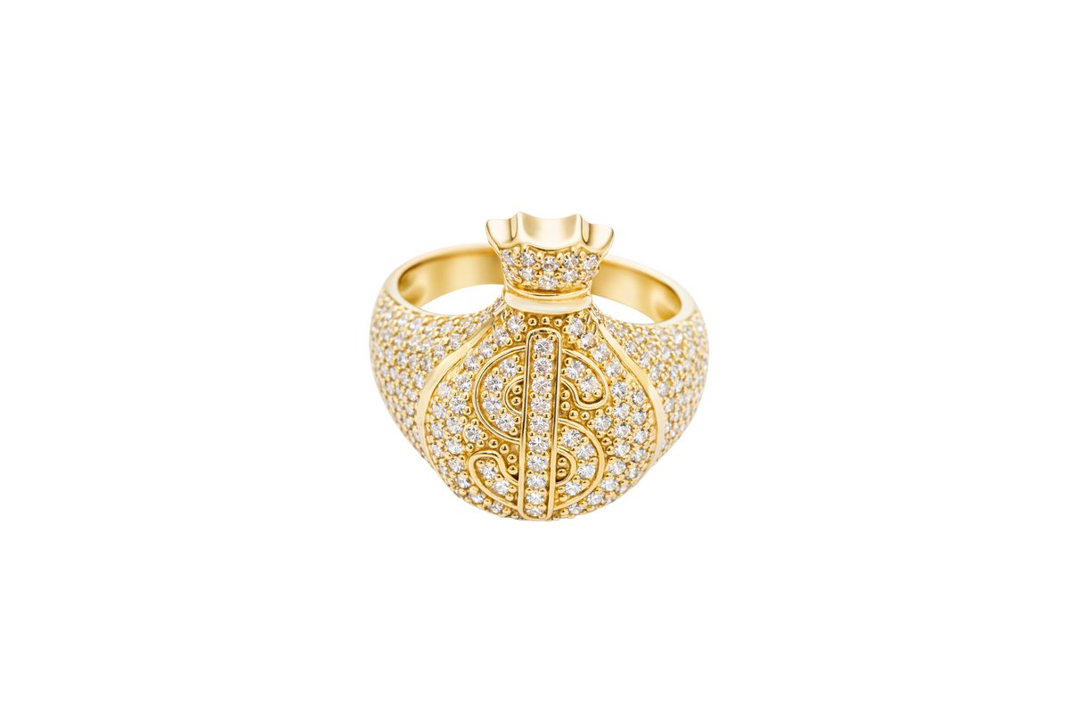 14KT Gold Ring Men's 3D Money Bag with White CZ Stone Single Row Dollar Sign Symbol Plain Border with White CZ Stones on Money Bag Side Design White CZ Stones