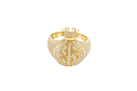 14KT Gold Ring Men's 3D Money Bag with White CZ Stone Single Row Dollar Sign Symbol Plain Border with White CZ Stones on Money Bag Side Design White CZ Stones