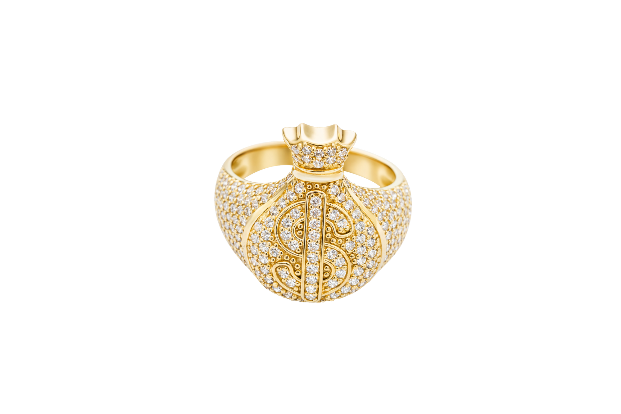 14KT Gold Ring Men's 3D Money Bag with White CZ Stone Single Row Dollar Sign Symbol Plain Border with White CZ Stones on Money Bag Side Design White CZ Stones