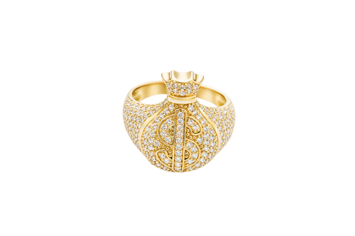 14KT Gold Ring Men's 3D Money Bag with White CZ Stone Single Row Dollar Sign Symbol Plain Border with White CZ Stones on Money Bag Side Design White CZ Stones
