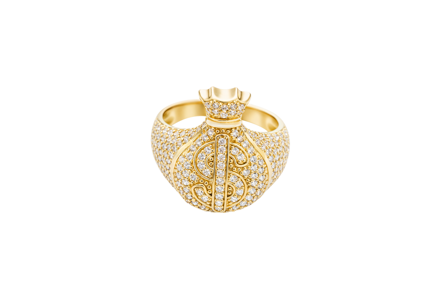 14KT Gold Ring Men's 3D Money Bag with White CZ Stone Single Row Dollar Sign Symbol Plain Border with White CZ Stones on Money Bag Side Design White CZ Stones