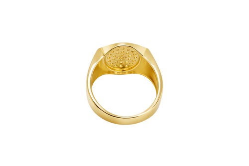 14KT Gold Ring Men's Oval White CZ Stone Cluster Center Design with White CZ Stones Upper and Lower Borders Side Design Plain Waterfall Edge