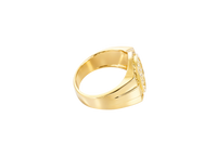 14KT Gold Ring Men's Oval White CZ Stone Cluster Center Design with White CZ Stones Upper and Lower Borders Side Design Plain Waterfall Edge
