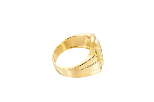 14KT Gold Ring Men's Oval White CZ Stone Cluster Center Design with White CZ Stones Upper and Lower Borders Side Design Plain Waterfall Edge
