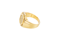 14KT Gold Ring Men's Oval White CZ Stone Cluster Center Design with White CZ Stones Upper and Lower Borders Side Design Plain Waterfall Edge