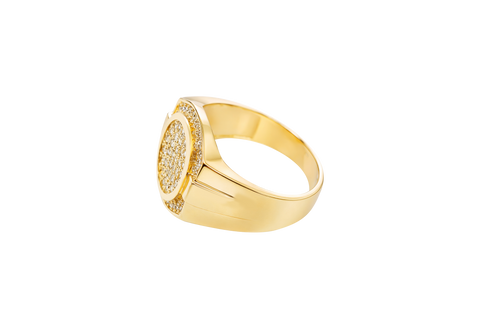 14KT Gold Ring Men's Oval White CZ Stone Cluster Center Design with White CZ Stones Upper and Lower Borders Side Design Plain Waterfall Edge