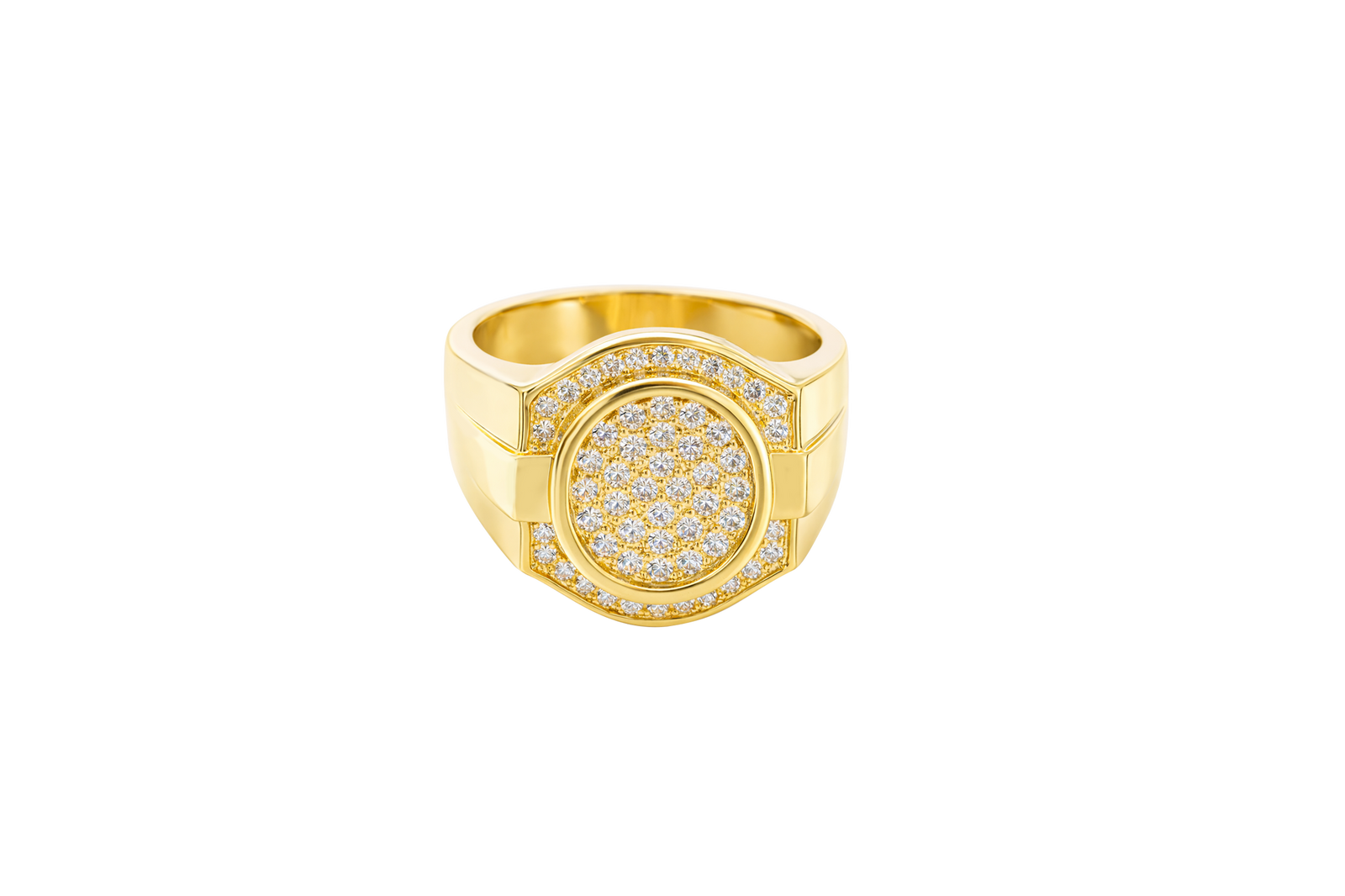 14KT Gold Ring Men's Oval White CZ Stone Cluster Center Design with White CZ Stones Upper and Lower Borders Side Design Plain Waterfall Edge