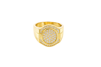14KT Gold Ring Men's Oval White CZ Stone Cluster Center Design with White CZ Stones Upper and Lower Borders Side Design Plain Waterfall Edge