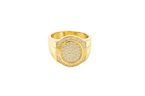 14KT Gold Ring Men's Oval White CZ Stone Cluster Center Design with White CZ Stones Upper and Lower Borders Side Design Plain Waterfall Edge