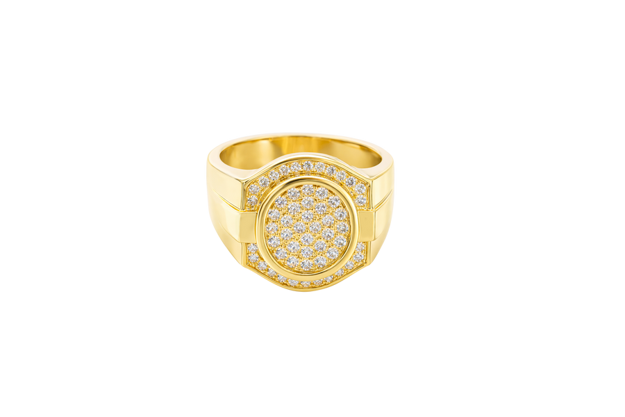 14KT Gold Ring Men's Oval White CZ Stone Cluster Center Design with White CZ Stones Upper and Lower Borders Side Design Plain Waterfall Edge