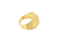 14KT Gold Ring Men's Oval White CZ Stone Platform Plain Border Band Design Fleur De Lis with U Shaped White CZ Stone Border