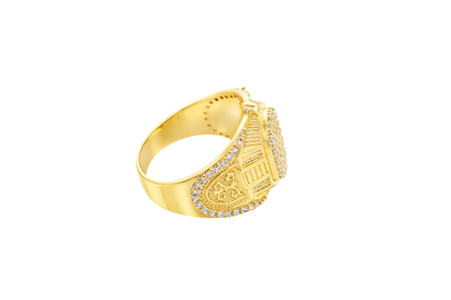 14KT Gold Ring Men's Oval White CZ Stone Platform Plain Border Band Design Fleur De Lis with U Shaped White CZ Stone Border