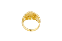 14KT Gold Ring Men's Oval White CZ Stone Platform Plain Border Band Design Fleur De Lis with U Shaped White CZ Stone Border